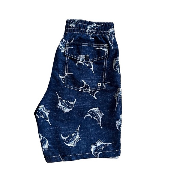 Old Navy Navy Blue and White Marlin Fish Print Swim Trunks Size Small - Picture 4 of 5